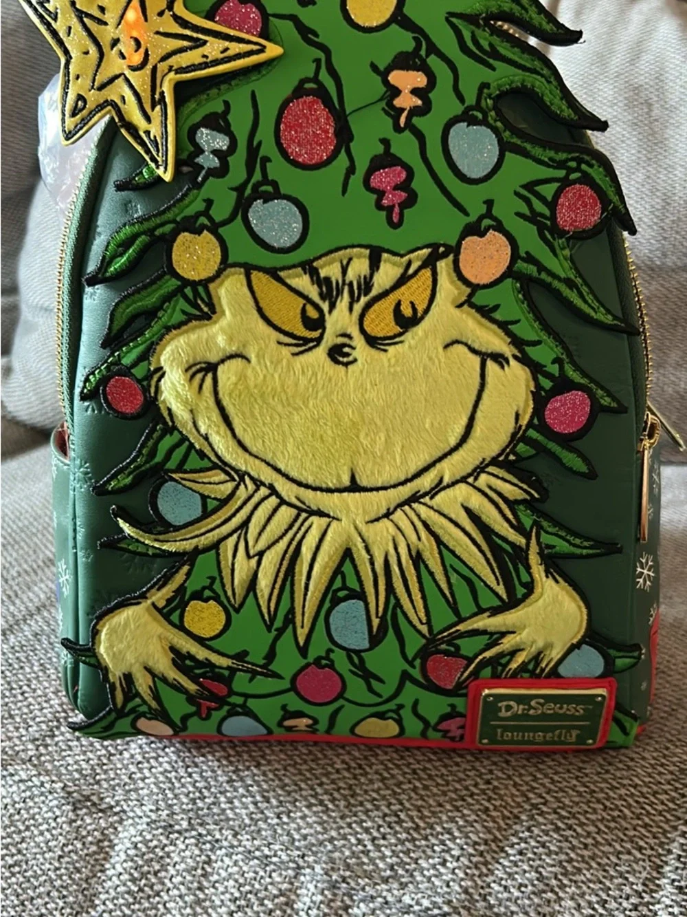 Loungefly Green Grinch Christmas Tree Backpack lights up star